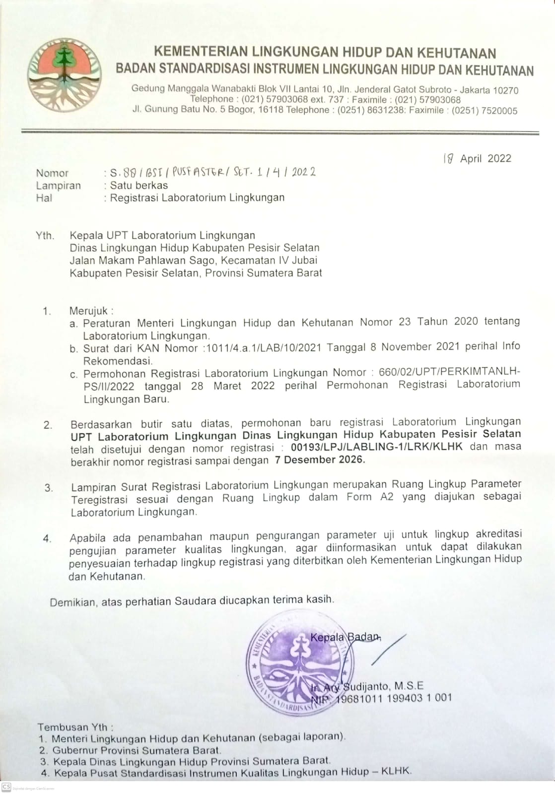 PESISIR SELATAN MEMILIKI UPTD LABORATORIUM LINGKUNGAN YANG TEREGISTRASI SEBAGAI LABORATORIUM LINGKUN